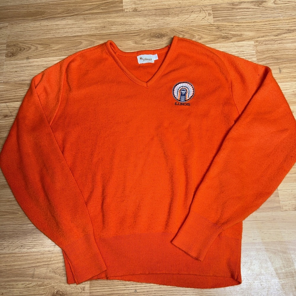 Vntg 80s Solana Men's Large V Neck Orange Sweater‎ Illini Chief Illiniwek